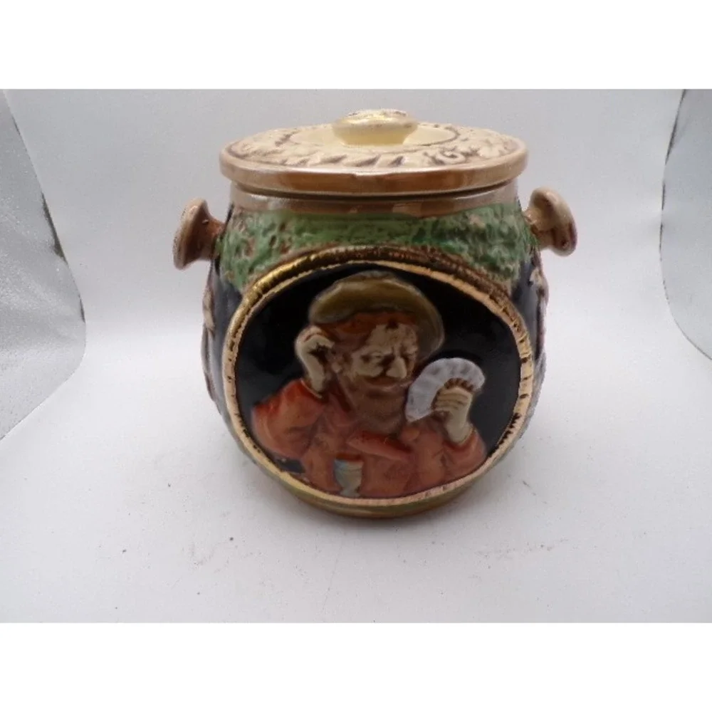 Vintage German Ceramic‎ Pot Lidded Biscuit Jar Embossed Castle Scene Figuri
